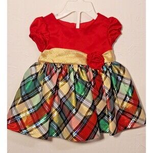 Baby’s First Christmas Formal Dress Red Green  2pc Size 6/9 mo Satin Gold Lame
